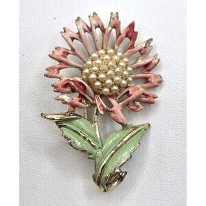 Vintage Pink & Green Enamel Flower Brooch With Faux Pearl Center Gold Tone   CHA